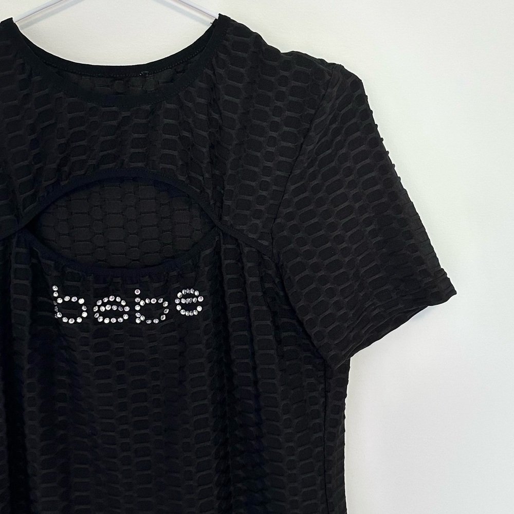 Bebe Crystal Rhinestone Logo Peek-A-Boo Black T-Shirt Dress Stretchy Vintage Y2K